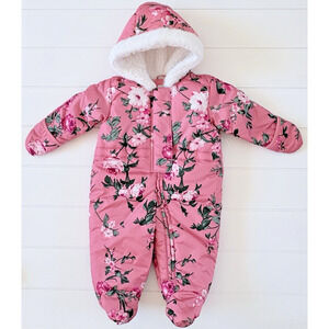 Childrens Place 6-9M Pink Floral Sherpa Hooded Fleece Baby Bunting Snowsuit Zip